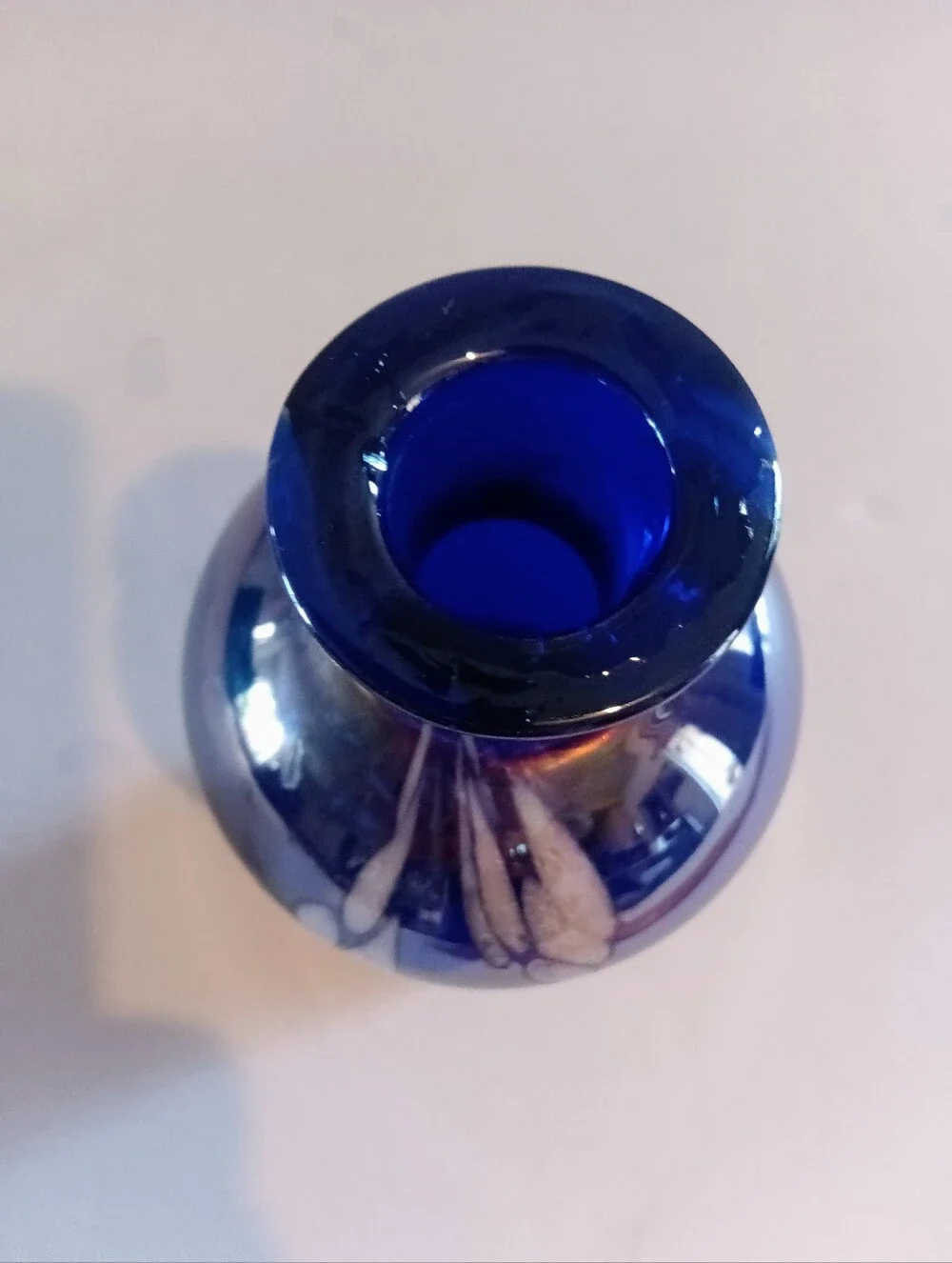 Cobalt Blue Art Glass Vase Distinct Iridescent Sheen White Drip Feather Accents